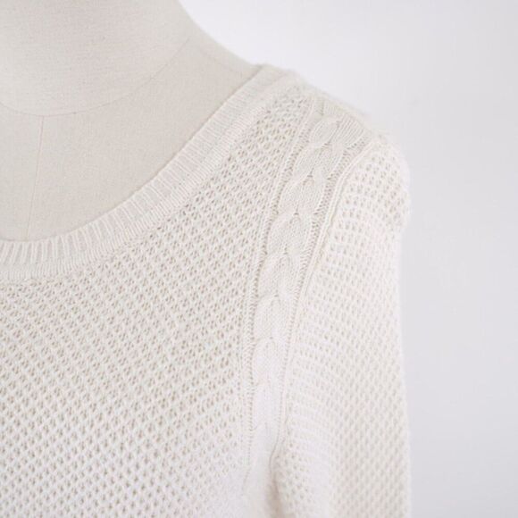 Ann Taylor Loft Cream Cableknit Scoop Neck Sweater Medium Cotton Wool - Picture 2 of 8